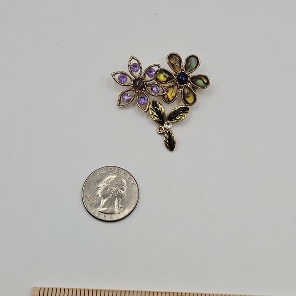 Gold Tone Purple Green Enamel Rhinestone Floral Whimsigoth Fairycore Boho Brooch - Picture 11 of 12